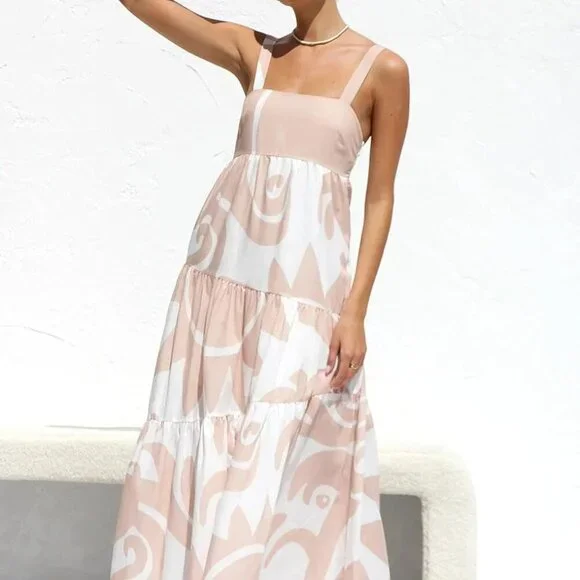 Women's Flowy Maxi Sundress Sleeveless Abstract Print Beach Vacation Wear - Picture 6 of 9